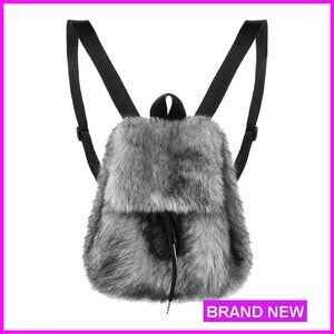 Faux Fur Mini Backpack Drawstring Rucksack Adjustable Straps Travel Daypack